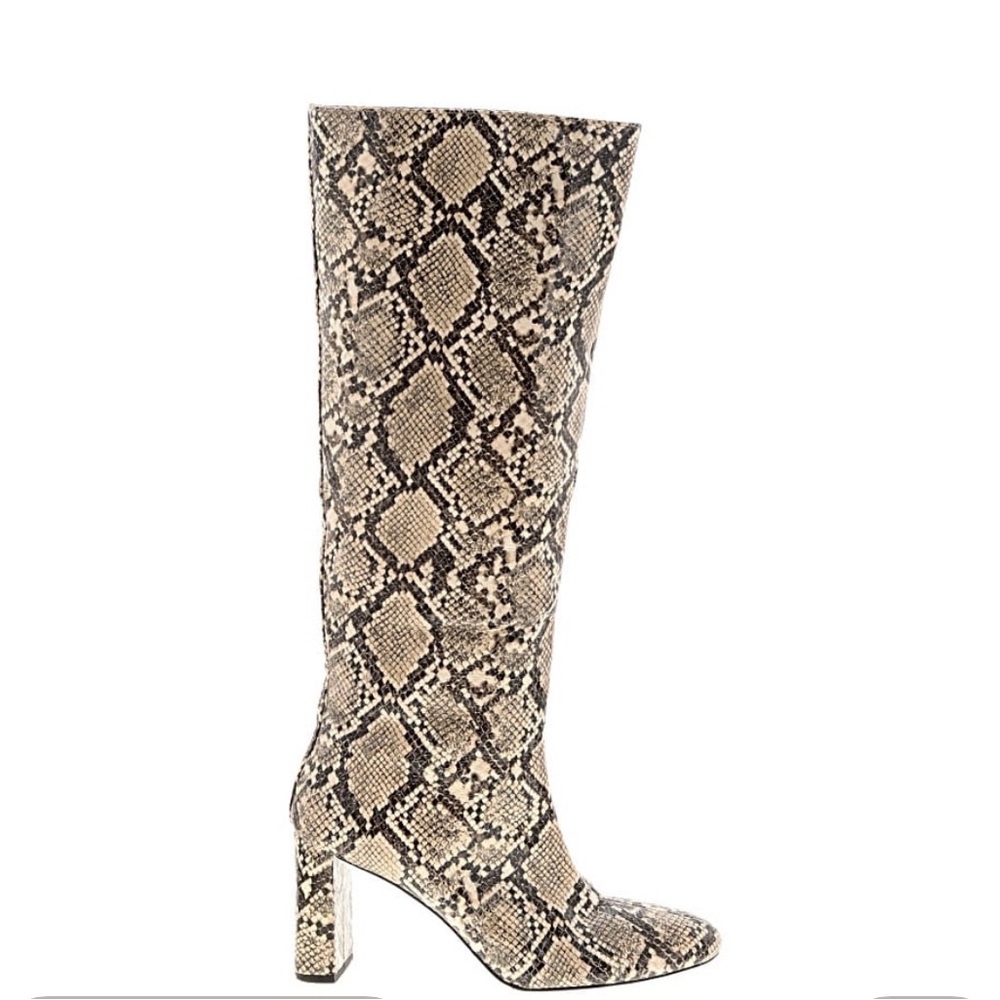 Zara Snake-Print Over-the-Knee Block Heel Boots - Beige/Taupe